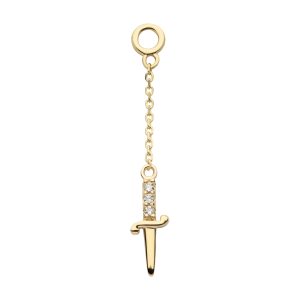 14kchmd12c 14Kt Yellow Gold 3-Cluster Prong Set Round CZ Dagger Dangle Charm with 10mm Chain