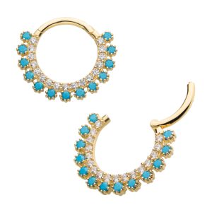 14ksgrhd17-62 14Kt Yellow Gold with Double Row Prong Set Clear CZ & Synthetic Turquoise Front Facing Hinged Segment Clicker