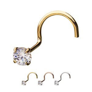 14kwggnsc7 14kt Gold Nose Screw with a 3mm Clear CZ Gem Top