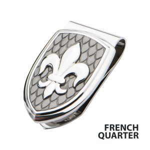 Polished Steel Finish Fleur de Lis Accent Mounted on a Brushed Gun Metal IP Money Clip