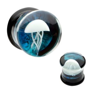 pgls300lb White Jellyfish Blue Galaxy Glass Double Flare Plug | Sold as pair