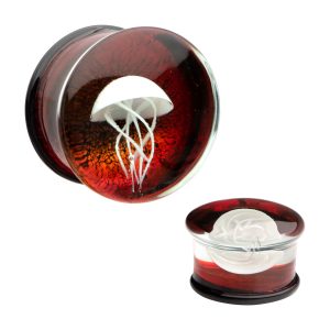 pgls300r White Jellyfish Maroon Galaxy Glass Double Flare Plug | Sold as pair