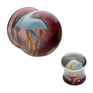 pgls314 Glow in the dark Blue Jellyfish Glass Double Flare Plug | Sold as pair
