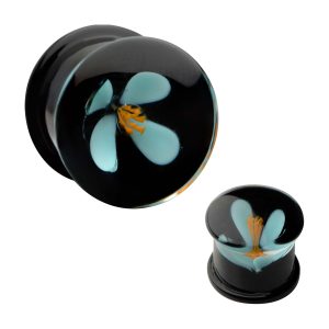 pgls331b Blue Flower Teal Glass Double Flare Plug | Sold as pair