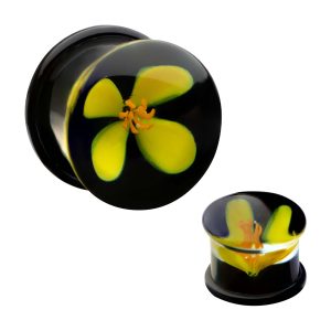 pgls331g Yellow Flower Teal Glass Double Flare Plug | Sold as pair