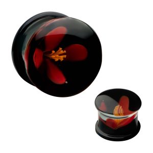 pgls331r Red Flower Teal Glass Double Flare Plug | Sold as pair