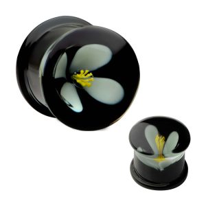 pgls331wh White Flower Teal Glass Double Flare Plug | Sold as pair