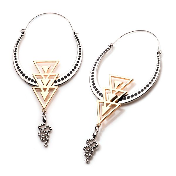plghoop153-pr Triple Chevron with Dangling Dotted Snake Plug Hoops