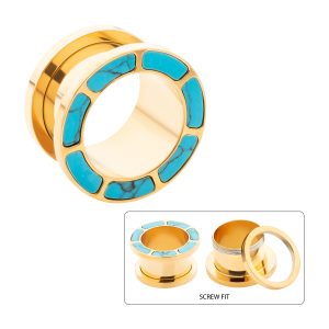 Gold PVD with Synthetic Turquoise Stone Hollow Steel Screw Fit Plug