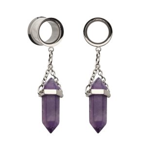 Double Flare Tunnel Plug with Dangle Double Ended Amethyst Stone