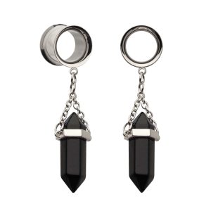 Double Flare Tunnel Plug with Dangle Double Ended Black Obsidian