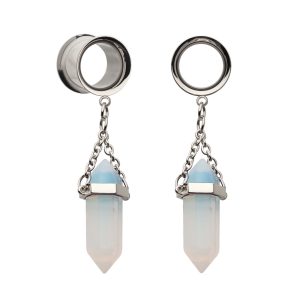 Double Flare Tunnel Plug with Dangle Double Ended White Opalite Stone