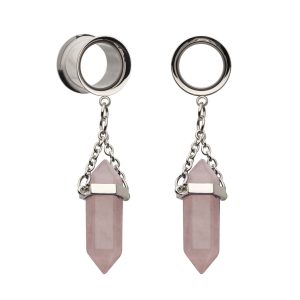 Double Flare Tunnel Plug with Dangle Double Ended Rose Quartz Stone