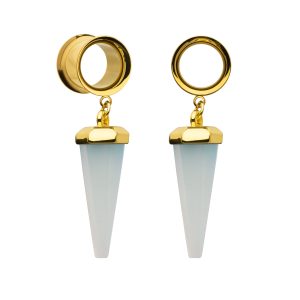 Gold PVD Double Flare Tunnel Plug with Dangle Pendulum White Opalite Stone