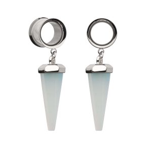 Double Flare Tunnel Plug  with Dangle Pendulum White Opalite Stone