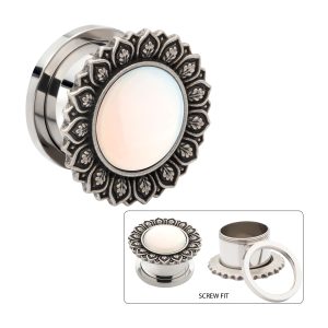 Antiqued Finish Lotus Flower with Opalite Stone Steel Screw Fit Plug