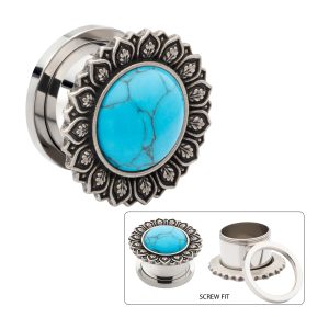 Antiqued Finish Lotus Flower with Synthetic Turquoise Stone Steel Screw Fit Plug