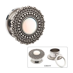 Antiqued Finish Filigree Flower with Opalite Stone Steel Screw Fit Plug