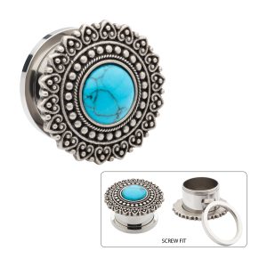 Antiqued Finish Filigree Flower with Synthetic Turquoise Stone Steel Screw Fit Plug