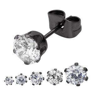 sse712ck Black IP Steel with Clear CZ Stud Earrings (Unisex)