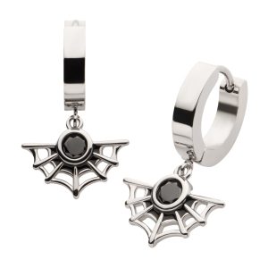 sseh309 316L Steel Dangle Bezel Black CZ Spiderweb Huggie Earrings | Sold as pair