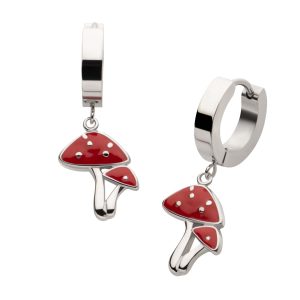 sseh312 316L Steel Dangle Red Enamel Duo Mushroom Huggie Earrings | Sold as pair