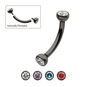tici615kc Black PVD Titanium Internally Threaded Double Bezel Gem End Curved Barbell