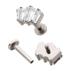 Titanium Internally Threaded Flat Base Labret with Prong Set Baguette CZ 3-Cluster Top