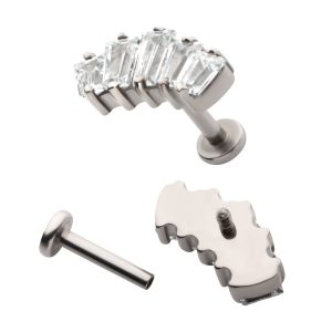 Titanium Internally Threaded Flat Base Labret with Prong Set Baguette CZ 5-Cluster Fan Shape Top