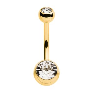 tip24kbn14358c 24Kt Gold PVD Titanium Internally Threaded Double Bezel Set Swarovski Crystal Fixed Bottom Navel