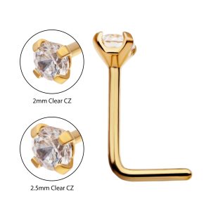 tip24knsl4-220c 24KT Gold PVD Titanium with 4-Prong Set CZ L-Shape Nose Pin