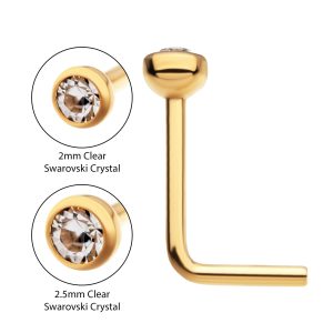 tip24knsl5-220c 24KT Gold PVD Titanium with Bezel Set Swarovski Crystal L-Shape Nose Pin