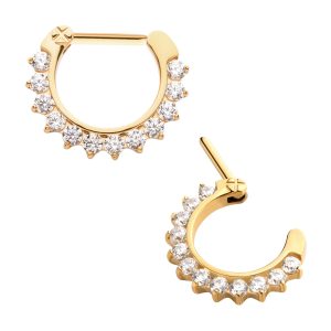 tip24kseptc61c 24KT Gold PVD Titanium Pave Set Clear CZ Cluster Septum Clicker