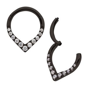 tipvdksgrha161c Black PVD Titanium CNC Set Gem Front Facing Teardrop Shape Hinged Segment Clicker