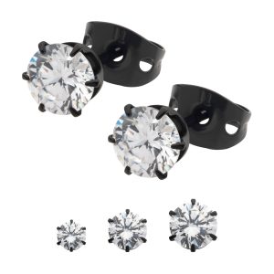 tipvdksse712-c 20g Black PVD Titanium Post and Butterfly Back with 6-Prong Set CZ Stud Earrings | Sold as pair