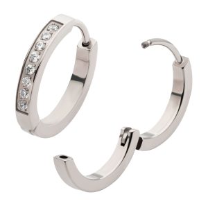 tisgrhn322006 20g Titanium Clear CZ Hinged Huggie Earrings