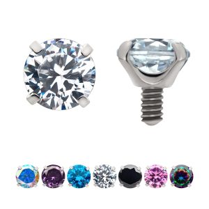 titd948-14 14g Low Profile Titanium Internally Threaded with Prong Set Round 3A/5A CZ Top