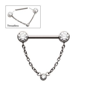 Titanium Threadless Bezel Round CZ Nipple Barbell with Dangle Chain | Sold by piece