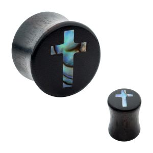 wpl1271 Cross Abalone Shell Inlay Black Wood Double Flare Plug | Sold as Pair