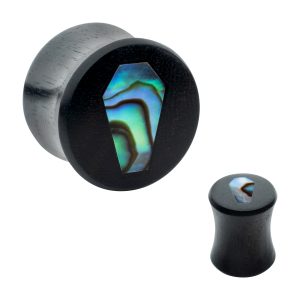 wpl1272 Coffin Abalone Shell Inlay Black Wood Double Flare Plug | Sold as Pair