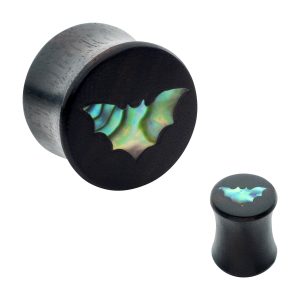 wpl1273 Bat Abalone Shell Inlay Black Wood Double Flare Plug | Sold as Pair