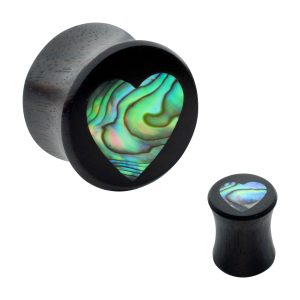 wpl1274 Heart Abalone Shell Inlay Black Wood Double Flare Plug | Sold as Pair