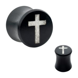 wpl1281 Cross Crystal Quartz Inlay Black Wood Double Flare Plug | Sold as Pair