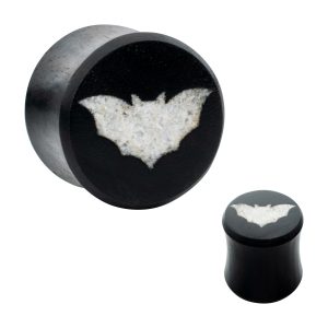 wpl1283 Bat Crystal Quartz Inlay Black Wood Double Flare Plug | Sold as Pair