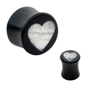 wpl1284 Heart Crystal Quartz Inlay Black Wood Double Flare Plug | Sold as Pair