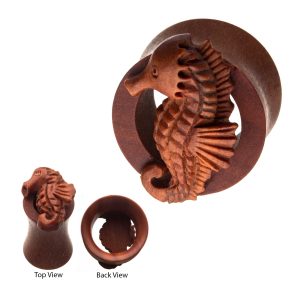 wpl952 Hand Carved Saba Wood Seahorse Plugs Not Glued Design But Carved As One Piece