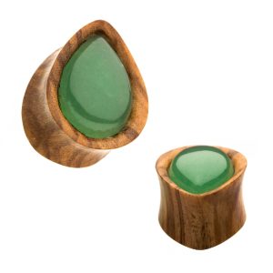 wpltg Olive Wood with Green Adventurine Stone Plugs | Sold as pair