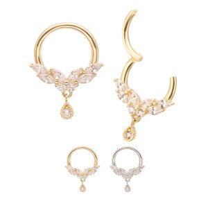 14ksgrhk39 14Kt Gold Marquise Cluster Butterfly with Gem Dangle Front Facing Hinged Segment Clicker