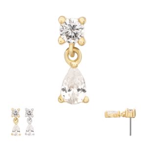 14ktlsmw639c 14Kt Gold Threadless Prong Set Round Gem Top with Teardrop Dangle