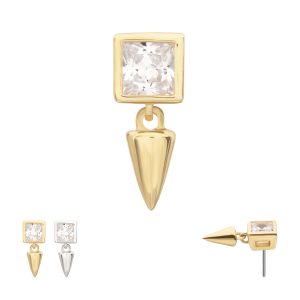 14ktlsmw642c 14Kt Gold Threadless Bezel Princess Cut Gem Top with Spike Dangle